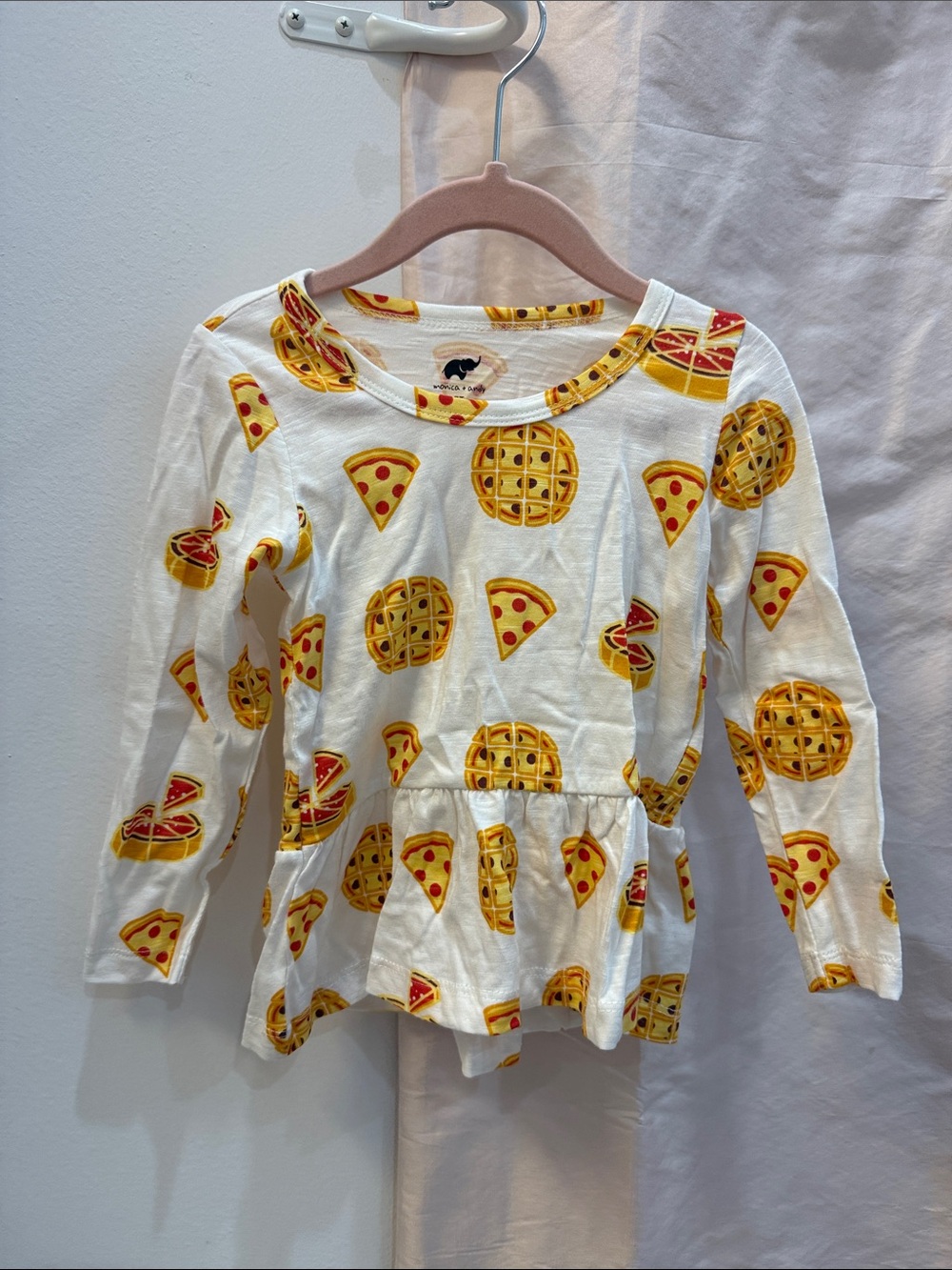 Girls White Long-Sleeve Top with Pizza & Waffle Print